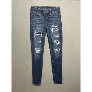 American Eagle Women's US 2 Regular Dark Wash Distressed Next Level Stretch